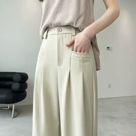 棉麻阔腿西装裤女春秋新款高腰垂感窄版显瘦高级感亚麻休闲直筒裤商品大图