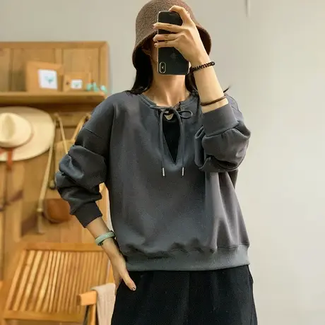 dza 复古短款空气层复古加绒女士卫衣秋冬内搭打底假两件长袖上衣图片