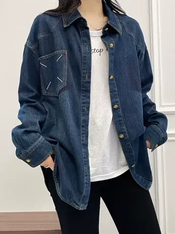 2023春秋新款女士中长款牛仔衬衫翻领长袖深蓝色宽松柔软衬衣外套图片