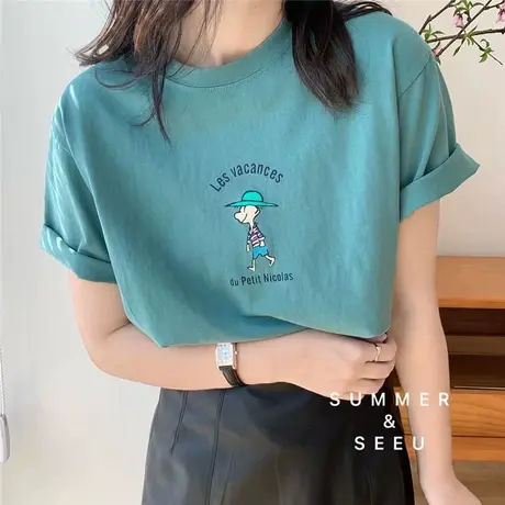 短袖t恤女2021夏季新款韩版ins潮圆领卡通度假小男孩宽松休闲上衣商品大图
