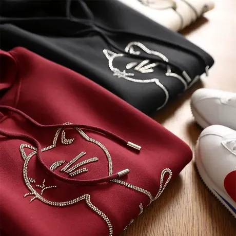 卫衣女春秋薄款2022新款韩版ins潮镶钻猫咪减龄百搭宽松连帽外套图片