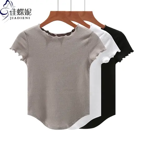 夏季新款韩版圆领荷叶边修身纯棉纯色下摆圆弧纯欲短袖体恤上衣女图片
