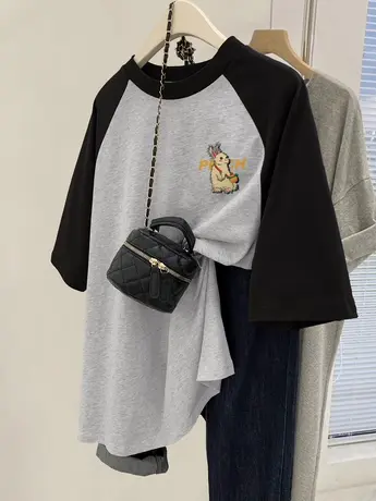 短袖2023新款夏季插肩袖T恤女oversize大码韩版休闲风ins百搭上衣商品大图