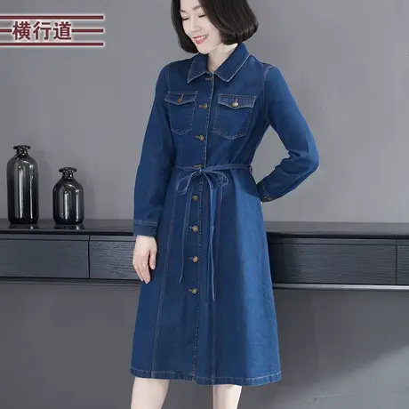 2024春季新款气质简约翻领排扣长袖牛仔连衣裙绑带中长款女装外穿图片