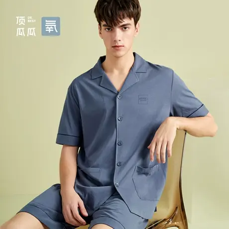 顶瓜瓜男士纯棉睡衣夏新开衫简约舒适棉质家居服透气凉爽短袖套装商品大图