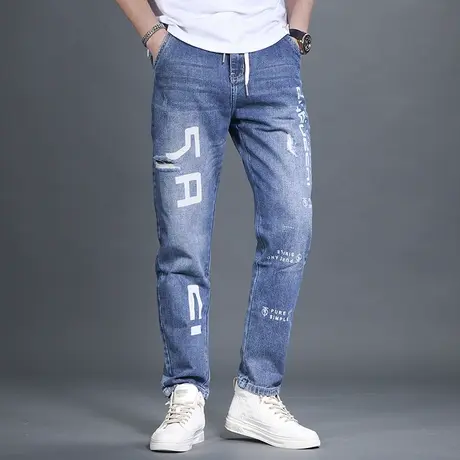 破洞牛仔裤男夏季港系宽松直筒裤蓝色抽绳印花裤子潮牌男士休闲裤商品大图