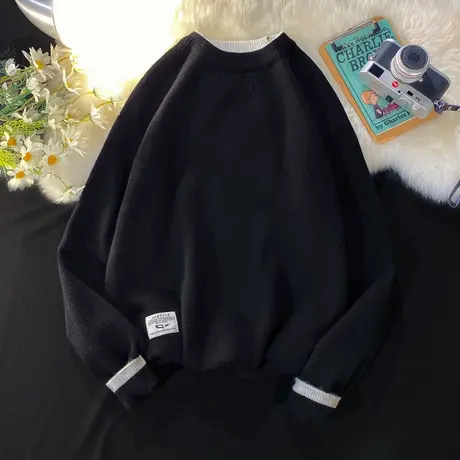 高级感毛衣男冬季圆领套头宽松简约纯色潮牌慵懒风黑色线衣针织衫商品大图