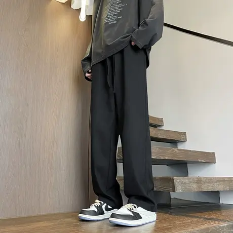 裤子男士春秋款直筒宽松纯棉阔腿裤垂坠感黑色潮牌秋季休闲长裤男商品大图