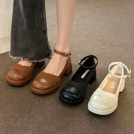 玛丽珍女鞋2023新款夏季百搭法式复古粗跟小皮鞋配裙子中跟单鞋子商品大图