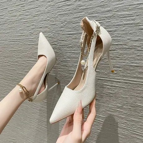 一字带尖头气质高跟鞋女细跟2024年夏季新款性感百搭软皮工作单鞋图片