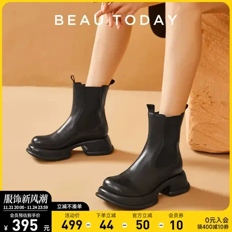 BeauToday短靴女2024春季新款BT真皮单靴高跟黑色粗跟复古女靴图片