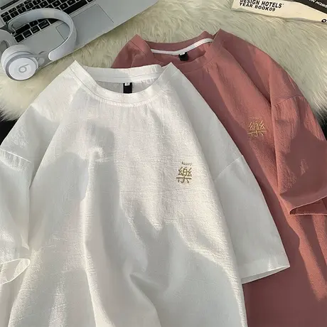 夏季亚麻刺绣短袖t恤男美式潮牌宽松大码港风复古五分袖情侣体恤商品大图