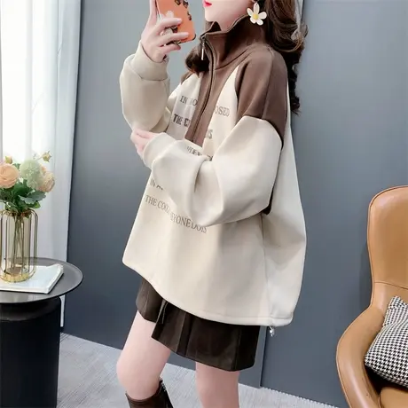 加绒加厚立领半拉链卫衣女秋冬2023年新款宽松洋气爆款设计感外套商品大图
