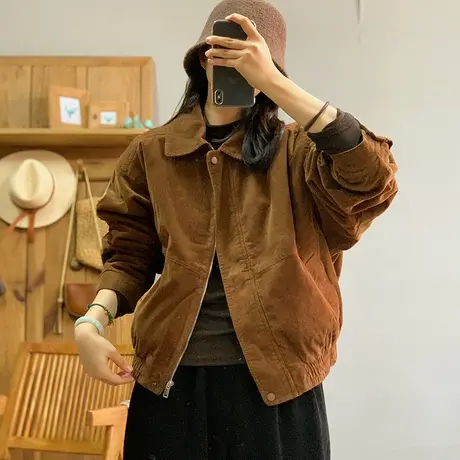 dza 复古纯色工装加厚棉衣外套女冬季新款宽松翻领大口袋棉服上衣图片