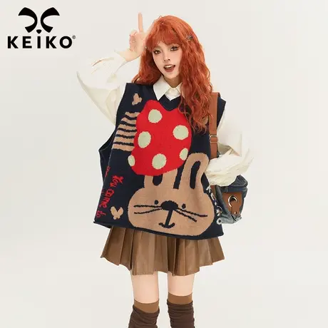 KEIKO 卡通兔子提花针织衫马甲女秋冬时髦叠穿慵懒风宽松厚毛衣商品大图