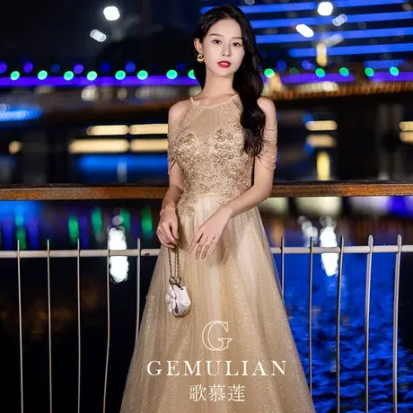 晚礼服女2024新款金色高级主持人轻奢闪亮挂脖年会宴会连衣裙仙气图片