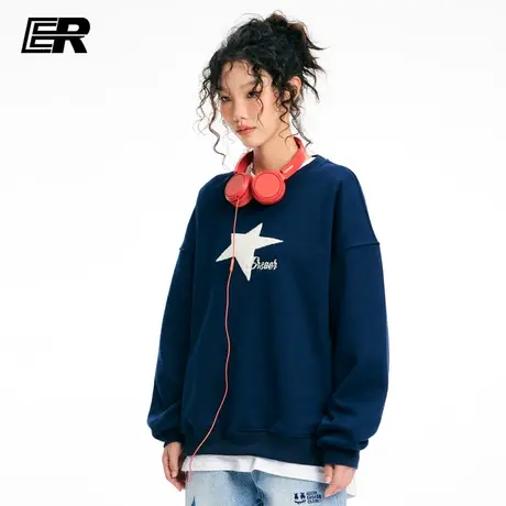 1ER撞色星圆领卫衣男春季潮牌宽松外套美式加绒情侣打底衫上衣图片