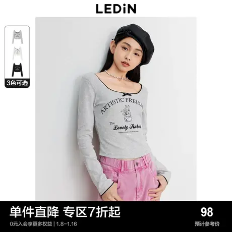 乐町新品方领长袖T恤女甜辣内搭秋季新款兔兔短款修身小上衣图片