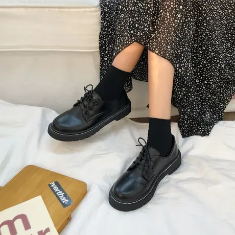 复古厚底小皮鞋女款系带圆头2024新款春秋季英伦风黑色单鞋女鞋子商品大图