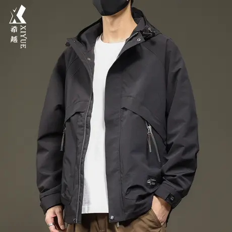 希越工装连帽夹克男2024春季新款户外防风外套宽松大码男士机车服图片