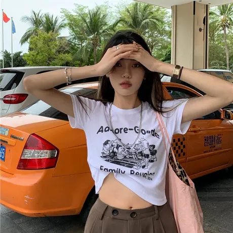 2024夏装新款复古印花修身短袖T恤女休闲显瘦短款露脐辣妹上衣潮商品大图