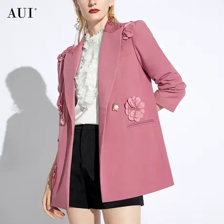 AUI玫红色设计感玫瑰西装外套女2024春新款小众垫肩宽松休闲西服图片