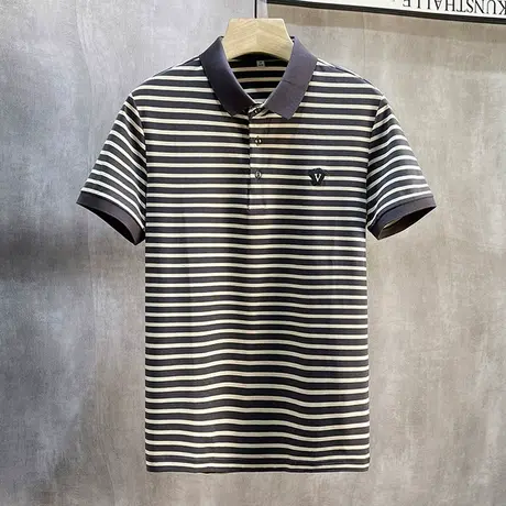 新款短袖男T恤修身翻领条纹刺绣polo衫社会青年半袖上衣潮男装夏t图片