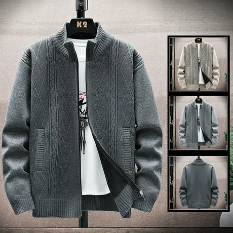 立领夹克外套男士加绒加厚线衣针织开衫潮流时尚百搭2023新款上衣商品大图