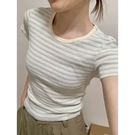 复古chic港味条纹短袖T恤女夏季显瘦韩版洋气减龄短款打底衫上衣商品大图