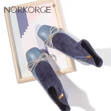 2023新款秋冬复古文艺雾蓝色弹力靴真皮粗跟中跟方头瘦瘦靴小短靴商品大图