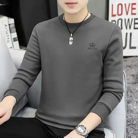 重磅纯棉长袖t恤男加绒加厚打底衫秋冬摇粒绒保暖内搭全棉秋衣服商品大图