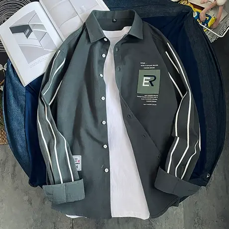 衬衫男士长袖港风日系潮流2023新款条纹痞帅衬衣男生春秋夏季外套商品大图