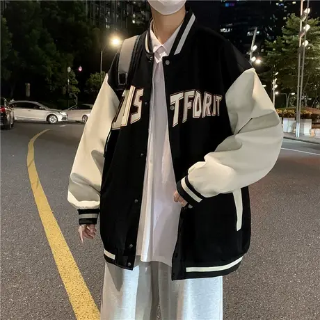 港风宽松开衫休闲棒球服男秋季oversize潮牌撞色拼接立领夹克外套商品大图