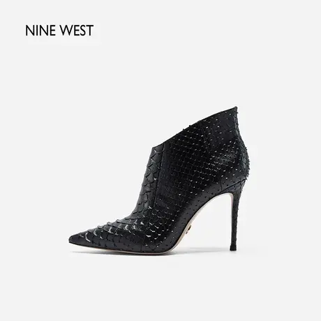 Nine West/玖熙2023秋冬新款高跟短靴蛇皮细跟尖头时装靴子女踝靴商品大图