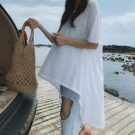 新款竹节棉套头圆领T恤女中长款韩版前短后长宽松大码体恤衫上衣图片