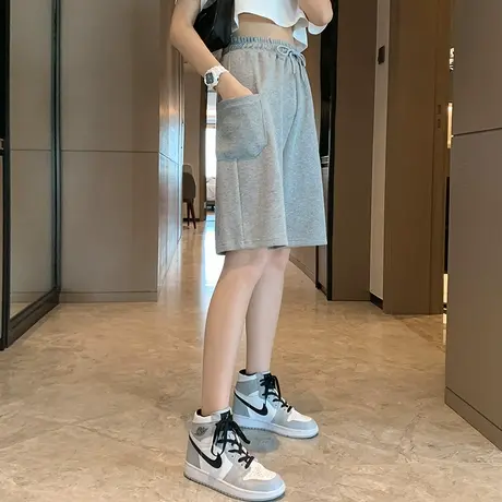 五分裤女灰色2022新款夏季薄款宽松高腰阔腿休闲运动短裤中裤ins图片