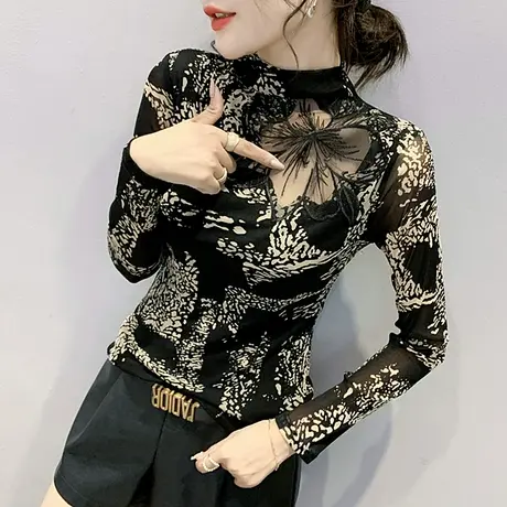 性感镂空T恤女装网纱加绒上衣紧身内搭半高领打底衫女长袖秋冬潮图片