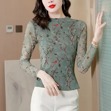 气质印花网纱T恤女长袖妈妈装加绒加厚半高领打底衫显瘦减龄上衣图片