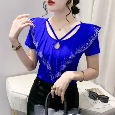 欧货网纱T恤女短袖2023夏装新款性感V领烫钻上衣洋气荷叶边小衫潮商品大图