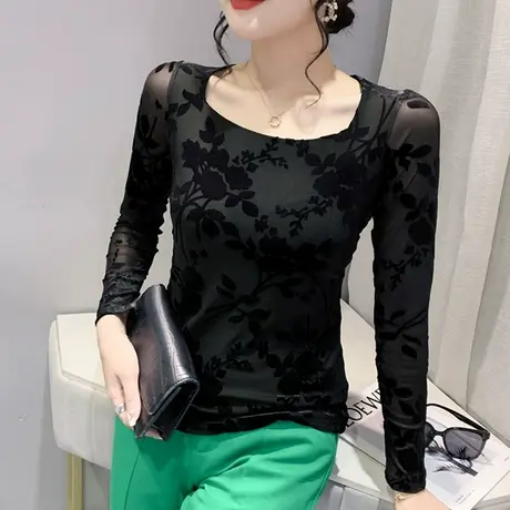 时尚提花T恤女长袖2023秋季新款性感网纱打底衫内搭气质方领上衣图片