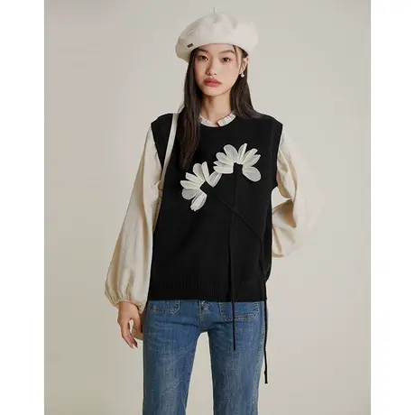 弥古黑色针织马甲女新款2023春秋小众设计感立体花朵毛衣背心马夹商品大图
