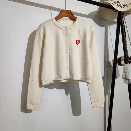 针织开衫女外搭春秋新款韩版爱心刺绣学院风圆领百搭毛衣外套上衣商品大图