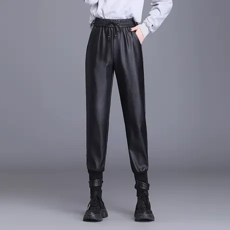 哈伦裤女春秋新款韩版加绒皮裤显瘦高腰束脚萝卜裤春款PU皮休闲裤商品大图