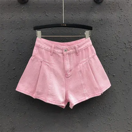 欧货夏天新款a字阔腿裤遮胯显瘦辣妹高腰牛仔裤抽褶设计时尚短裤图片