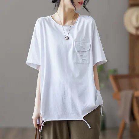 dza复古短款白色宽松短袖t恤女士2022夏季新款不规则上衣纯棉体恤商品大图