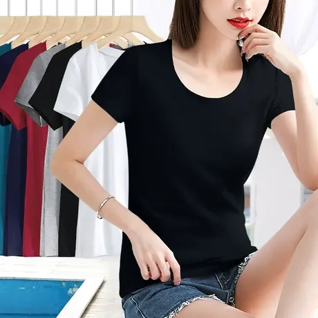 纯棉黑色t恤女短袖夏季修身2023年新款打底女士体恤显瘦上衣半袖图片