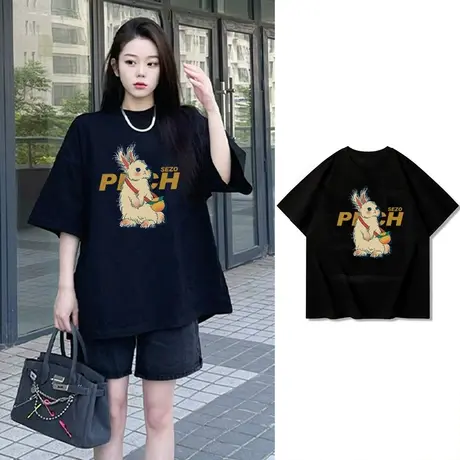 仿棉短袖t恤女宽松韩版加大码夏新款黑色正肩体恤女上衣半袖t桖潮图片