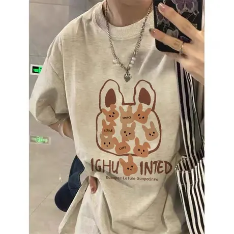 美式复古短袖t恤女夏季纯棉卡通兔子印花宽松半袖oversize上衣潮图片