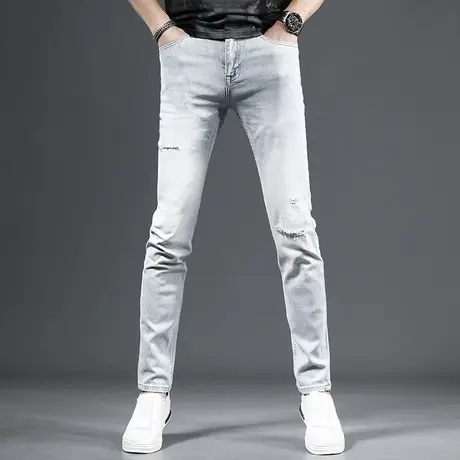 2023新款潮牌破洞牛仔裤男修身小脚夏季薄款弹力休闲男士裤子浅色商品大图