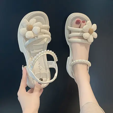 高跟凉鞋女款2023年夏季新款法式配裙子珍珠太阳花露趾粗跟罗马鞋商品大图